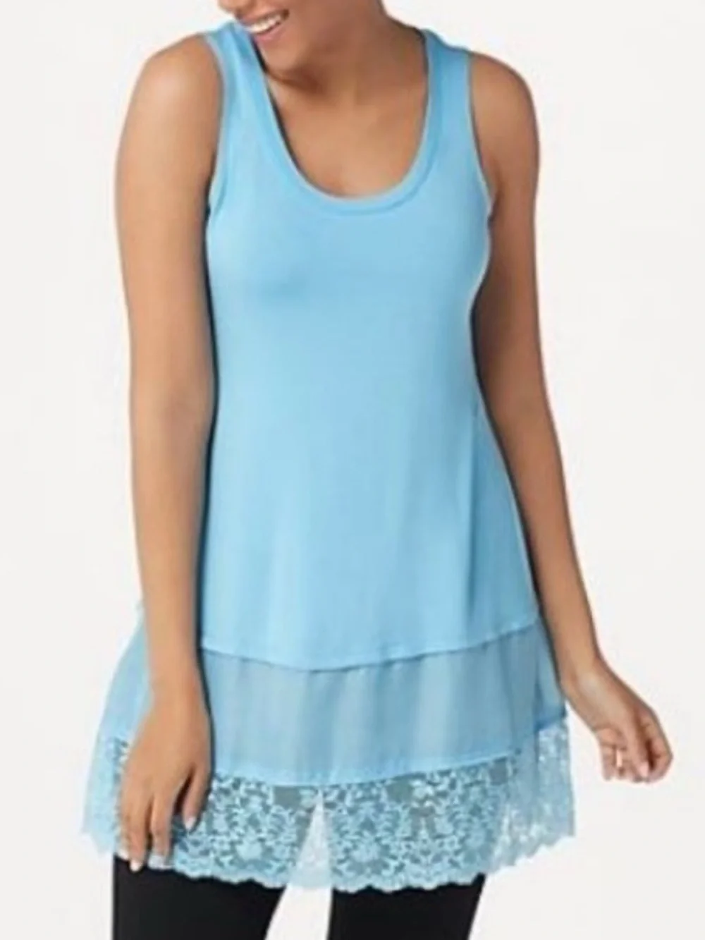 LOGO Layers by Lori Goldstein Size XXS Blue Knit Tank with Lace & Woven Trim